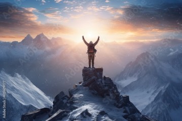 A man stands triumphantly on the mountain summit, arms raised in jubilation, embodying the exhilarating feeling of success and accomplishment
