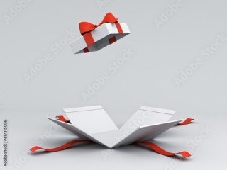 Open white present box or gift box with red ribbons and bow isolated on white grey background with shadow minimal conceptual 3D rendering