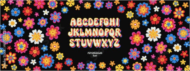 Vector groovy psychedelic alphabet. Contemporary psychedelia fun hand drawn font. Trippy simple naive daisy flowers backdrop. Boho style ABC. Dope euphoria typeface. Positive vibes hippie letters
