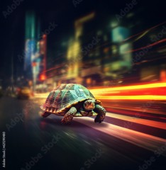 Turtle running extremely fast on busy city street, Generative AI Illustration