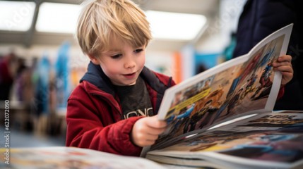 Boy looking at cartoon, holding comic book in shop