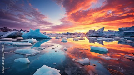 Antarctic nature landscape with icebergs in Greenland ice-fjord during midnight sun. 
