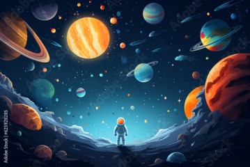 space adventure, with rockets, planets and astronauts exploring the cosmos