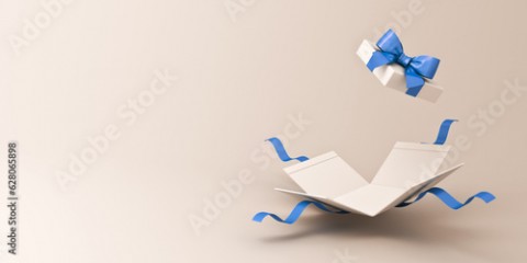 White gift box open or blank present box with blue ribbon and bow isolated on light gray background with shadow and blank space minimal concept 3D rendering