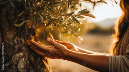 A heartwarming image of hands embracing an ancient olive tree, representing our connection to nature Generative AI