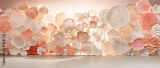 Abstrakcyjne tło - ściana lub scena z balonów, kształtów i dekoracji. Jasne, pastelowe, brzoskwiniowe odcienie. Miejsce do prezentacji produktu
