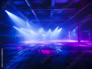 Empty rave dancefloor illuminated by neon blue and purple lights, nightlife background