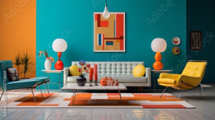 Colorful Mid-Century Revival: A vibrant room with mid-century modern furniture, bold colors, and vintage-inspired decor like lava lamps and geometric patterns