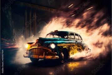 exploding new york city taxi at night under the brooklyn bridge fantasy cinematic lighting 4k color high definition 1950s era photograph hyper realistic ultra HD 