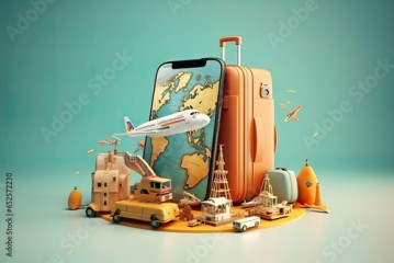 Illustration of a smartphone with airplane wings and a world map. Representing travel and adventure. Generative AI