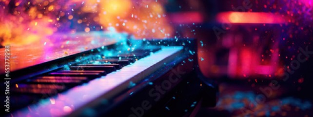 World music day banner with piano keyboard on abstract colorful dust background. Music day event and musical instruments colorful design