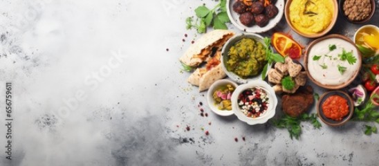 Assorted Middle Eastern and Arabic food on a rustic background including kebab falafel hummus rice and pita Halal Text space Top view with copyspace for text