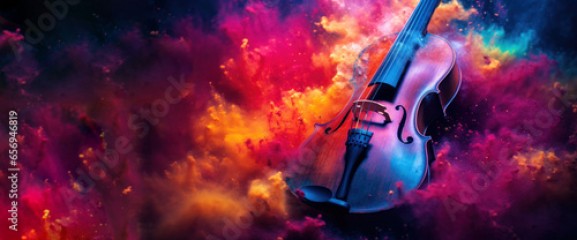 Cello in cloud colorful dust. World music day banner with musician and musical instrument on abstract colorful dust background. Music event, Expression, symphony, colorful design