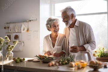 Caucasian senior couple cooking and having dinner together in kitchen house background. Old people cooking and making salad nutrition cuisine menu.