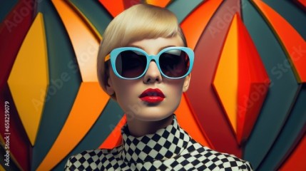 Fashion retro futuristic woman wearing sunglasses. Futuristic pop art fashion girl with geometric pattern background