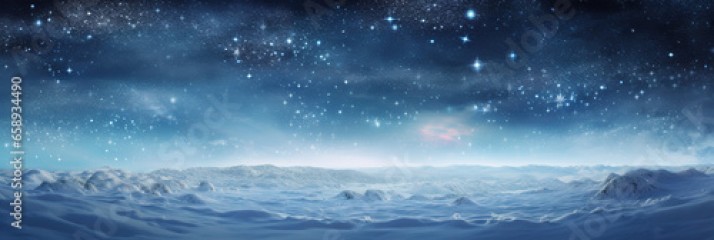Panoramic snowy background at night, winter wonderland, sky and stars, tranquil scene