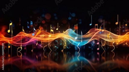 picture of abstract music background with notes and bokeh lights, illustration music icon song time wavy shape Generative AI