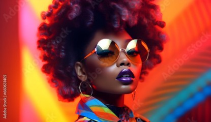 Afro pop fashion woman model with sunglasses. Black fashwave retro futurism girl with strong face expression. Vibrant colors for makeup, hairstyle and background. Extravagant beauty.