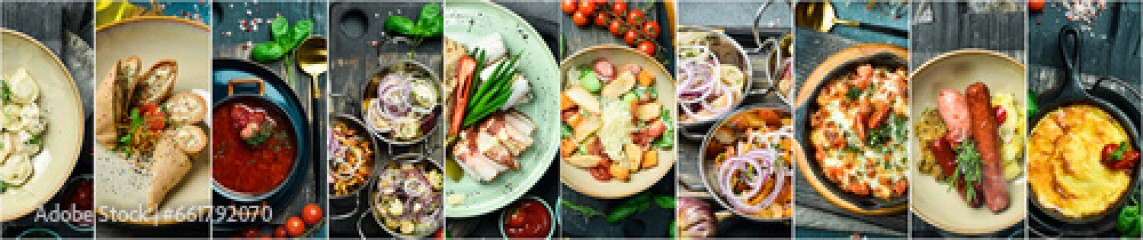 Collage of food in the dishes. Hot meals and cold snacks.
