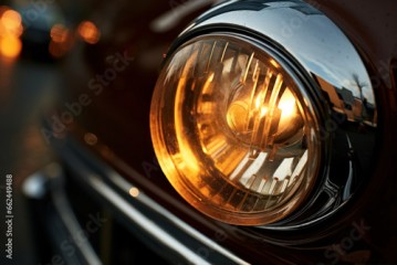 Close-up of the headlight of a vintage car in the city