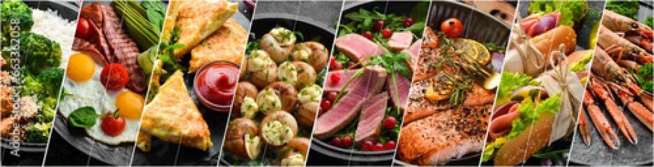 Collage of different assortment of various dishes, food and snacks. Food banner.