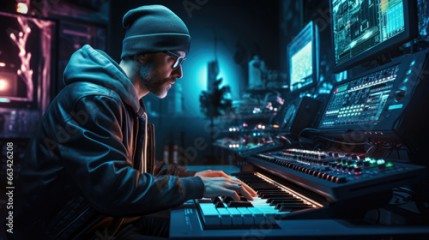 A European musician creating digital music using synthesizers and digital audio workstations