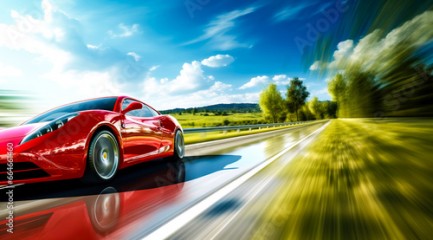 Red Business car on high speed in turn. Super car rushing along a high-speed highway with motion speed in sunny day. digital ai 