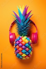 A pineapple with headphones and a pair of headphones. Vibrant pop art image.