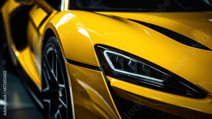 Part of front end of a yellow sport car, headlights and part of wheel showing. Close-up photograph of the body of a yellow super sports car