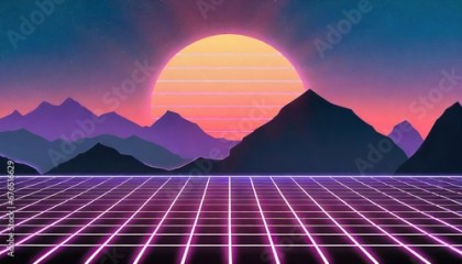 Synthwave retro cyberpunk style landscape background banner or wallpaper. Bright neon pink and purple colors