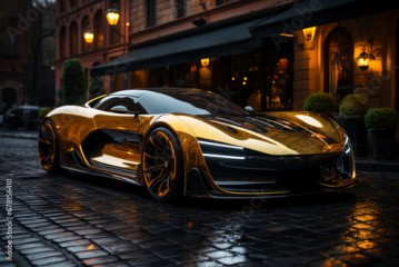 Futuristic golden sports super concept car in the city, street racing on expensive exclusive luxury auto