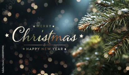 Christmas tree card close-up with tree branches and snow. Merry Xmas background with lights and bokeh. Generative Ai
