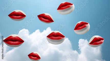 love is in the air, kisses in sky, red kissing lips falling from sky, pop art valentines day abstract wallpaper