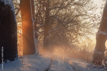 Aleja dębowa w zimowy poranek, krajobraz 