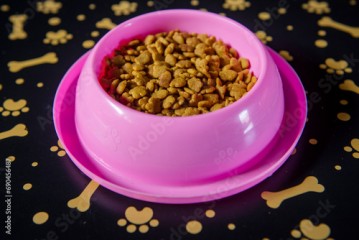 Różowa miska z suchą karmą dla kota na macie do karmienia zwierząt domowych