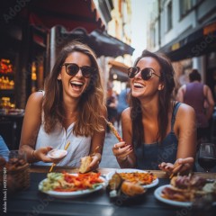 Friends eating at a street food market.