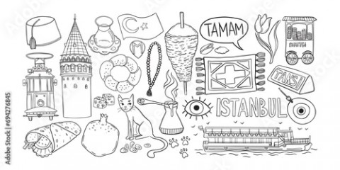 Istanbul doodle set, Turkish symbols outline collection, Hand-drawn sketch collection of traditional Istanbul icons including tram, Galata Tower, Turkish coffee, tea, lokum, and a ferry