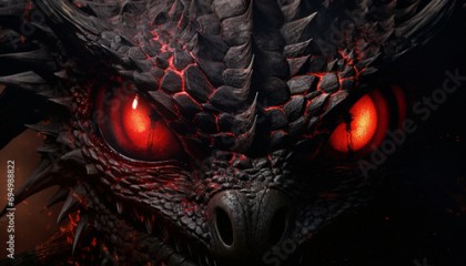 a fantasy dragon head with red eyes and black background