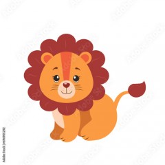 Cute lion isolated in cartoon style on white background. Vector illustration. African safari animal. Children print concept