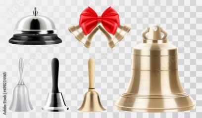 Set of different bells, gold and silver bells, hotel service bell, Christmas bells with red bow, hand bell with wooden handle isolated on transparent background. Realistic 3D vector illustration.