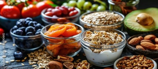 Assorted high protein health food with grains, vegetables, dried fruit, almond yoghurt, supplement powders, nuts, seeds, rich in fibre, antioxidants, and vitamins.