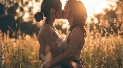 Two beautiful lesbian women kissing, very hot summer day, Romantic background, Valentine's Day