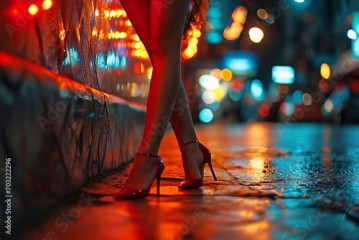 Legs of a beautiful girl wearing red high heels at night and sign glowing