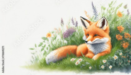 Lis leżący na posłaniu z trawy w otoczeniu ziół i kwiatów na białym tle
