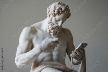 Ancient Greek god sculpture holding a smartphone. Statue of a hero scrolling social media. Doomscrolling, mental health, digital wellness concept. Bad habits, consuming information, reading news.