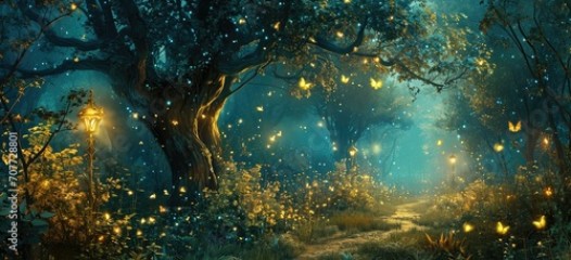 Enchanting forest path with glowing lanterns and fireflies. Magical nature scene.