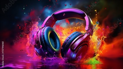 Headphones above a brightly colored neon with a dynamic music blaster, Generative AI.
