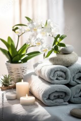 Tranquil spa setting with towels rolled up, candles and smooth river stones. 