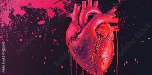 pop art style , anatomic red heart on dark background, banner wallpaper valentine concept