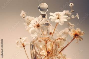 glass perfume bottle on a light neutral background with beige spring flowers. Concept of spring floral women's perfume
